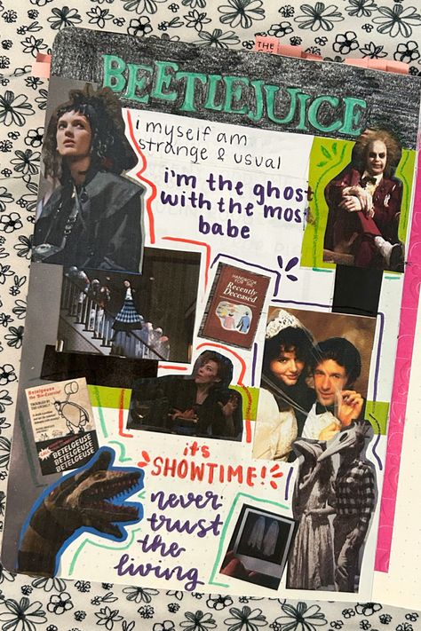 beetlejuice page in my film and tv show journal Beetlejuice Bullet Journal, Beetlejuice Collage, Journal Tv Shows, Film Journal Ideas, Tv Show Journal, Bullet Journal Films, Horror Journal, Scrapbook Yearbook, Strawberry Journal