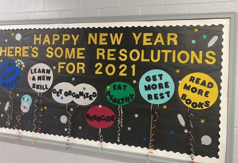 High School Bulletin Board Ideas Christmas, January Bulletin Board Ideas For School, New Years Bulletin Boards For School, Pto Bulletin Board, High School Bulletin Boards, School Reception, January Ideas, College Bulletin Boards, Christmas Bulletin Boards