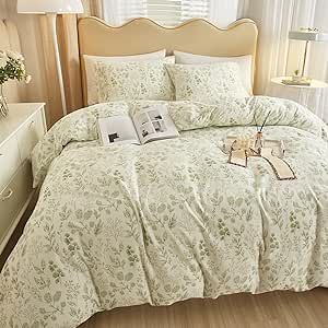 HighBuy 3 Pieces Duvet Cover Twin XL White Duvet Cover with Green Floral Print,Soft Cotton Comforter Cover Boho Style,Aesthetic Twin XL Bedding Set with Zipper Closure 4 Ties,All Season Green Theme Room, Green Floral Bedroom, Green Floral Comforter, Green Floral Bedding, Dorm Green, Grandma Bedroom, Boho Style Aesthetic, Cottagecore Bed, Coquette Bedding