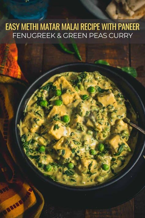 Make a creamy bowl of methi matar malai with paneer at home in about 40 minutes! This mildly spicy methi paneer recipe is made with a creamy curry, fresh cooked fenugreek leaves, green peas, and soft bites of paneer. This mildly sweet recipe makes the perfect dish for guests who are not used to Indian food. #methimatarmalai #fenugreekcurry #vegetarianrecipe #simmertoslimmer Methi Paneer, Malai Recipe, Fenugreek Leaves, Paneer Tikka, Vegetarian Curry, Paneer Recipes, Green Peas, Amritsar, Indian Food Recipes Vegetarian