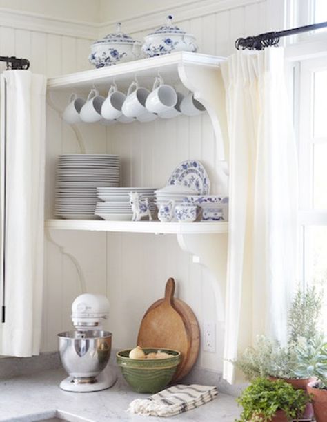 cottage home tour Display Dishes On Shelves, Storing Dishes, Bak Cuci Piring, Cottage Style Home, Open Kitchen Shelves, Attic Renovation, Attic Remodel, Beautiful Cottages, Kitchen Shelf