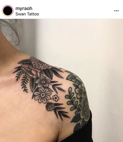 Traditional Tattoos Shoulders, Tattoo Cover Up Ideas Shoulder, American Traditional Shoulder Cap Tattoo, Collarbone Tattoo American Traditional, Shoulder Tatoos Woman, Traditional Shoulder Cap Tattoo, Floral Collar Bone Tattoo Traditional, American Traditional Collar Bone Tattoo, Front Of Shoulder Tattoo