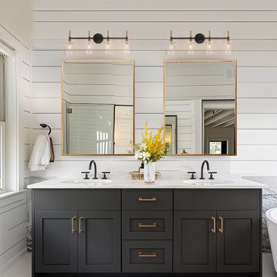 This modern and simple vanity light can be a good lighting solution for your new bathroom. Four cone shades are lined up beneath the sturdy iron frame in antique gold finish. The sockets are also compatible with the dimmer switch(not included), so that you can turn it down for early morning and late night hours. | Everly Quinn 4 - Light Dimmable Armed Wall Sconce 10.4 x 30.0 x 7.1 in, Glass;Metal | C008428915 | Wayfair Canada Gold Hardware Bathroom, Simple Vanity, Easy Bathroom Updates, Black And Gold Bathroom, Gold Vanity, Nice Tattoos, Closet Diy, Black Vanity Bathroom, Bathroom Master