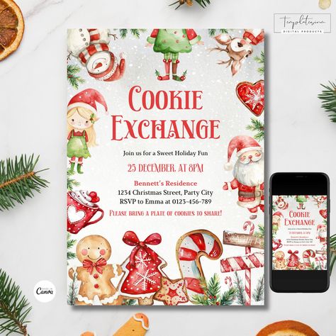 Editable Christmas Cookie Exchange Invitation, Cookie Party Invite, Christmas Cookie Invite, Printable Christmas Invite, Instant Download by Templatesium on Etsy Cookie Exchange Invitation, Christmas Cookie Party, Christmas Invite, Delicious Christmas Cookies, Christmas Cookie Exchange, Cookie Swap, Cookie Party, Cookie Exchange, Christmas Invitations