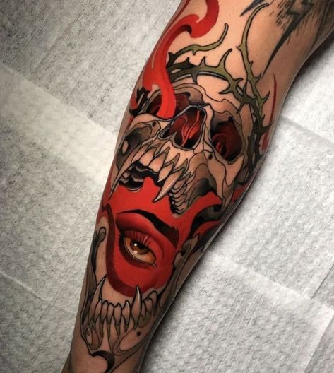 Neo Traditional Skeleton, Neotraditional Skull Tattoo, Neo Trad Skull, Neotrad Skull, Neo Traditional Flash, Neo Traditional Sleeve, Neo Trad Tattoo Design, Neo Traditional Skull, Dark Tattoo Ideas