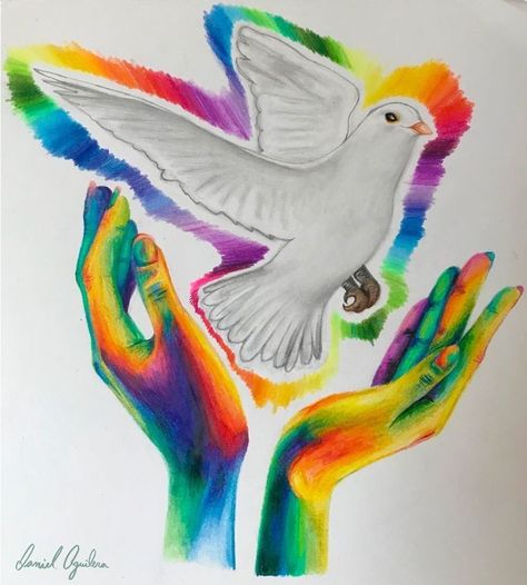 Sharing A Rainbow Painting, Sharing A Rainbow Drawing, Peace Poster Drawing Ideas, Big Mum, Hope Drawing, Easy Drawing Ideas For Beginners, Rainbow Color Scheme, Using Colored Pencils, Drawing Ideas For Beginners