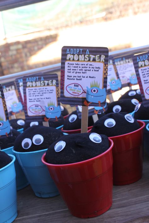 Noah's party favours... Adopt a grass-hair monster Adopt A Monster Party Favor, Adopt A Monster, Hair Monster, Favour Ideas, Plant Party, Adoption Party, Invite Ideas, Monster Theme, Children Party