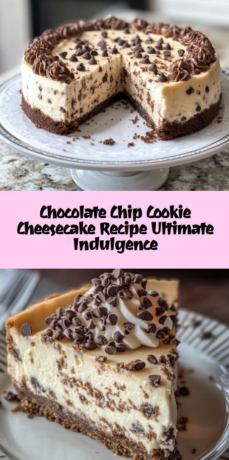 Indulge in Chocolate Chip Cookie Cheesecake Delight: A Perfect Blend of Creamy Cheesecake and Classic Cookies! Easy Recipe for 8 Servings – Bake this Luxurious Dessert Today! #DessertRecipe #ChocolateChip #Cheesecake #BakingFun #SweetTooth Chocolate Chip Cheesecake Oreo Crust, Candy Cheesecake Recipes, Chips Ahoy Cheesecake, Chocolate Cheesecake Recipe Easy, Chocolate Chip Cheesecake Cookies Recipe, Cookie Crust Cheesecake, Luxury Desserts, Cheesecake Cakes, Cheesecake Delight