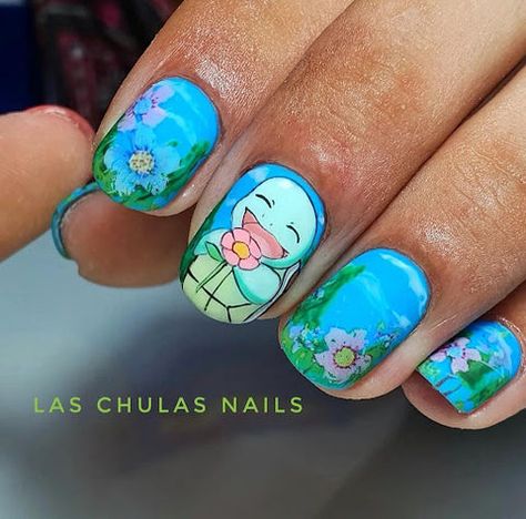 Squirtle Nails, Squirtle Makeup, Nail Designs Pokemon, Short Pokemon Nails, Snorlax Acrylic Nails, Pokemon Gel Nails, Pokemon Nails, Nail Business, Green Beauty