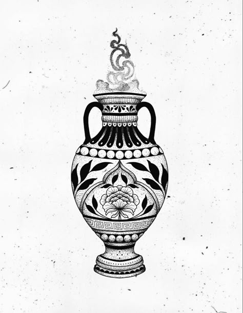 Italian Vase Tattoo, Amphora Tattoo, Egyptian Vase Tattoo, Old School Vase Tattoo, Egyptian Flower Art, Japanese Vase Drawing, Vintage Vase Tattoo, Greek Vase Tattoo, Vase Flash Tattoo