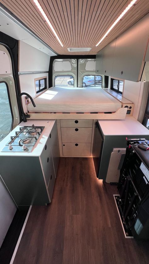 Sprinter Van Conversion Layout, Kitchen With Refrigerator, Sprinter Camper Conversion, Sprinter Van Camper, Van Conversion Layout, Self Build Campervan, Modular Cabinet, Mercedes Camper, Van Bed