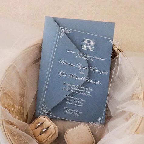 The Ultimate Guide To Creating The Bridgerton-Inspired Wedding – Clear Wedding Invites Acrylic Invites, Popular Wedding Colors, Fall Barn Wedding, Bridal Bouquet Blue, Company Business Cards, Personalised Badges, Acrylic Wedding Invitations, Acrylic Invitations, Dusty Blue Weddings