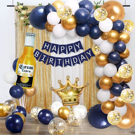 Birthday Party Decorations For Men, Mens Birthday Party Decorations, Gold Birthday Party Decorations, Gold Birthday Decorations, Happy Birthday Decor, Blue Birthday Parties, Birthday Party Set, Gold Confetti Balloons, Silver Balloon