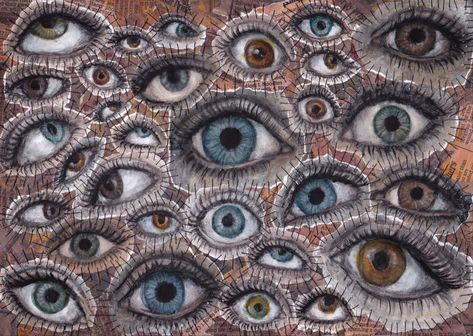 “Ommetaphobia” -07.07.2022 (acrylic paintings of eyes stitched to a textured collage) #eyeportraits #abstractart #eyecollage #ommetaphobia #acrylicpainting #stitchingonpaper #stitchedart #expressiveart #femaleeye #eyecolour #outsiderart #statementart Ommetaphobia Art, Paintings Of Eyes, Eye Paintings, Textured Collage, Stitching On Paper, Inktober 2023, Female Eyes, Eye Painting, Statement Art