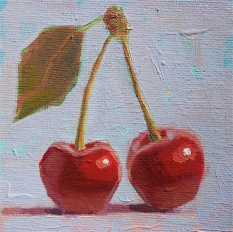 Cherry Artwork, Painted Cherries, Cherry Painting Aesthetic, Cherry Painting Acrylic, Fruit Painting Acrylic, Simple Oil Painting Ideas, Cherry Art, Cherry Painting, Cherry Drawing