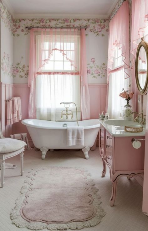 Pink House Interior, Girly Bathroom Ideas, Cottage House Interior, Vintage Shabby Chic Decor, Cottage Core House, Girly Bathroom, Pink Bathroom Decor, Bathroom Oasis, Pretty Bathrooms