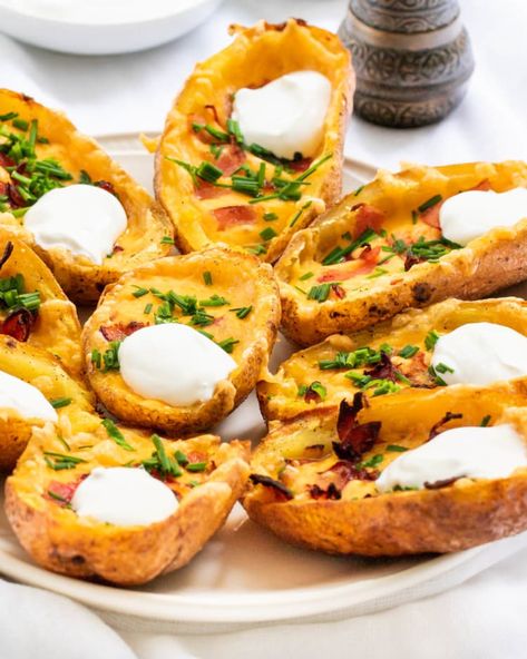 Potato Skins Homemade Potato Skins, Appetizer Dips Hot, Gluten Free Garlic Bread, Loaded Potato Skins, Potatoe Skins Recipe, Homemade Garlic Butter, Canned Potatoes, Creamed Onions, Hot Appetizers