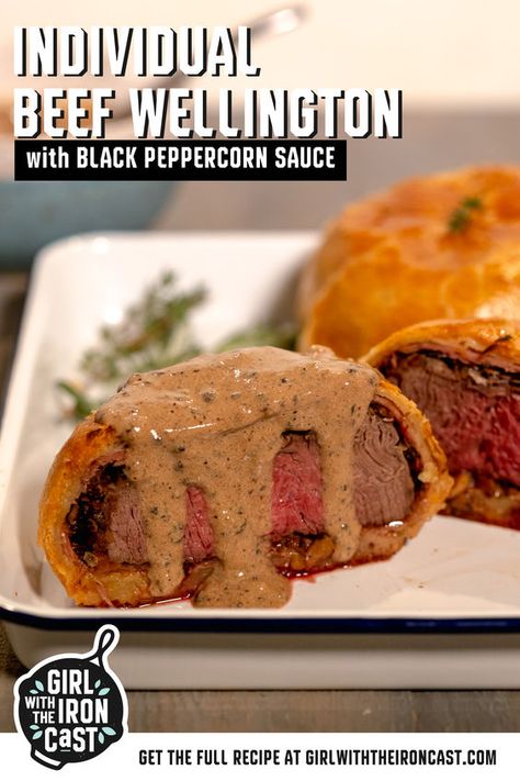 This beef Wellington recipe can be scaled depending on how many guests you’re having. Instead of making one large beef Wellington, everyone can enjoy their beef filet, surrounded by mushroom duxelle, wrapped in prosciutto, enclosed in flakey puff pastry. Served with a black peppercorn sauce, this is a holiday or special occasion delight. Beef Wellington Sauce, Black Peppercorn Sauce, Food Recipes Beef, Dried Cranberries Recipes, Easy Beef Wellington, Mini Presents, Individual Beef Wellington, Mushroom Sauce Recipe, Beef Wellington Recipe