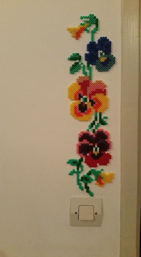 Melting Beads Flower, Boho Perler Beads, Perler Bead Room Decor Wall Art, Hama Beads Patterns Flower, Perler Bead Cottagecore, Perler Bead Wall Hanging, Hama Beads Flower Pattern, Perler Creations Kawaii, Peeler Bead Door Hanger