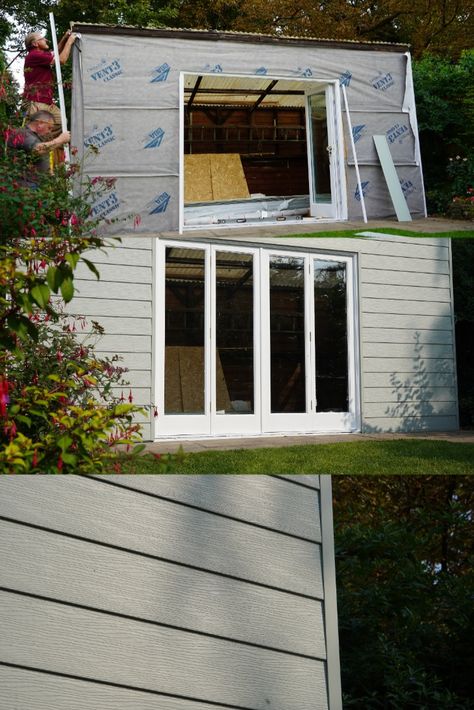 This garden room definitely gets the green light from us! This run down garden shed is in the process of being transformed into a stunning garden room so the homeowners have a place to relax outdoors and all year round. They chose Freefoam Fortex Sage Green cladding to blend in with all of the greenery in their garden 🌳🌼 A huge thank you E-Plas in Nuneaton for supplying the cladding product Composite Cladding Garden Room, Cladded Shed, Shed Cladding, Garden Salon, Garden Cabin, Composite Cladding, Garden Cabins, External Cladding, Relaxing Outdoors