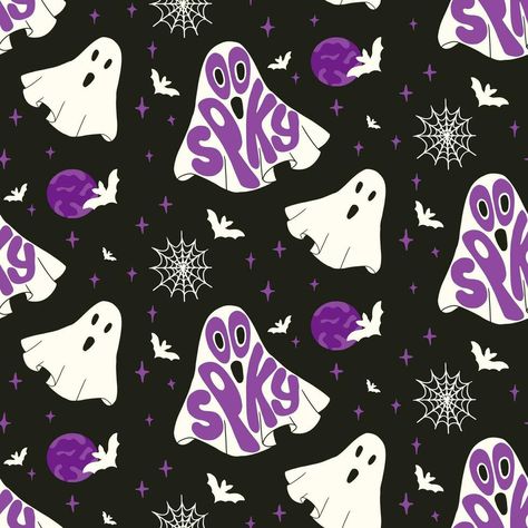 Scary pattern with Halloween groovy lettering. Flying ghost in flat minimalistic style with slogan Spooky inside. Hand drawn holiday design for party decoration, textile, background, wrapping paper Groovy Lettering, Textile Background, Flying Ghost, Minimalistic Style, Cityscape Photos, Logo Banners, Heart With Arrow, Background Banner, Holiday Design