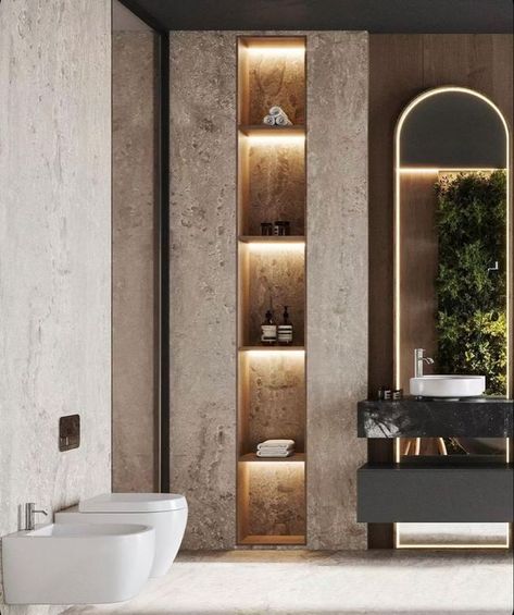 Bathroom Tiles Design, Luxury Powder Room, Bathroom View, Decor Tips And Tricks, Living Room Lighting Design, Artist Interior, Bathroom Niche, Bathroom Interior Design Modern, Modern Small Bathrooms