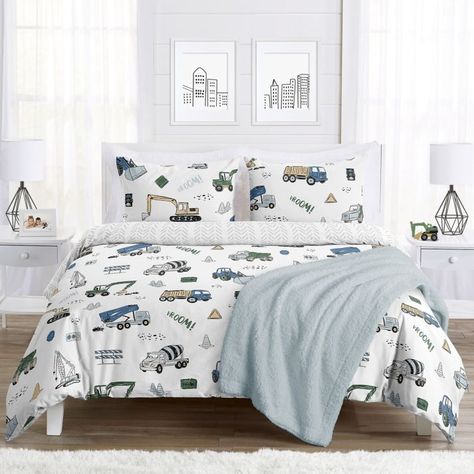 Sweet Jojo Designs® Construction Truck 3-Piece Reversible Comforter Set | Bed Bath and Beyond Canada Childrens Bedding Sets, Toddler Bunk Beds, Twin Bedding, Grey Comforter Sets, Blue Comforter Sets, Comforter Bedding, Colorful Palette, Themed Bedroom, Sweet Jojo Designs