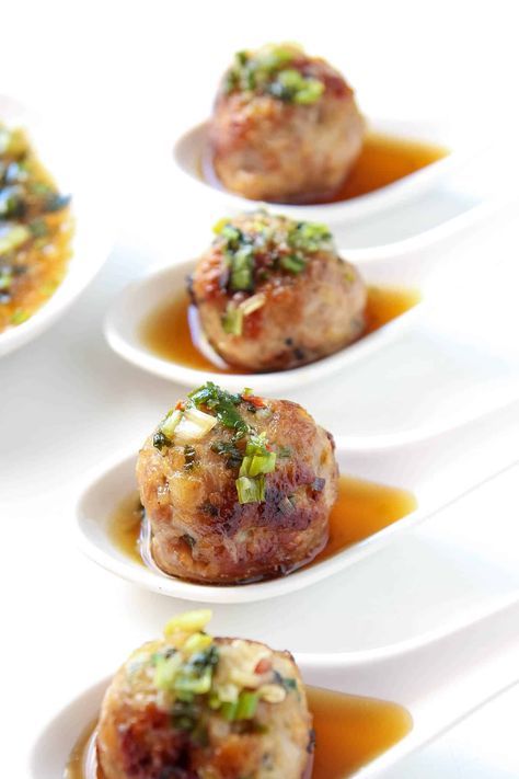 These juicy Thai-style pork meatballs are deliciously flavored with lemongrass, ginger and garlic. As an appetizer these meatballs are amazing with the intensely flavorful dipping sauce, but they also make a great main course. Thai Meatballs, Ground Pork Recipes, Pork Meatballs, Thai Style, Pork Dishes, Party Food Appetizers, Asian Cooking, Meat Dishes, Dipping Sauce