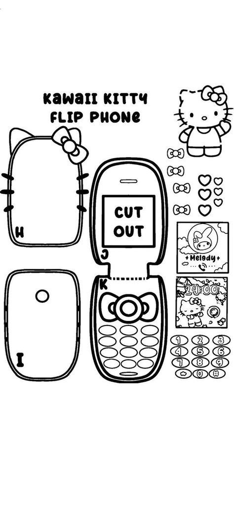 Diy Hello Kitty Crafts, Hello Kitty Template, Hello Kitty Flip Phone, Printable Paper Toys Templates, Printable Diy Crafts, Kitty Crafts, Paper Toy Printable, Hello Kitty Room Decor, Crafts Cute