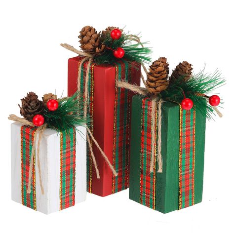 PRICES MAY VARY. Package Includes: you will receive 3 pieces of Christmas rustic wood presents, enough quantity to meet your decor needs and replacements, and you can also share some with your friends and family members Size Information: our wooden faux blocks are different in size, namely approx. 10 x 4 x 4 cm/ 3.94 x 1.57 x 1.57 inches, 8 x 4 x 4 cm/ 3.15 x 1.57 x 1.57 inches and 6 x 4 x 4 cm/ 2.36 x 1.57 x 1.57 inches, proper size to attract the attentions of your guests Reliable Material: th Christmas Crafts To Sell, Wood Block Crafts, Christmas Table Centerpieces, Christmas Wood Crafts, Christmas Wood, Christmas Table Decorations, Christmas Centerpieces, Christmas Crafts Diy, Rustic Christmas