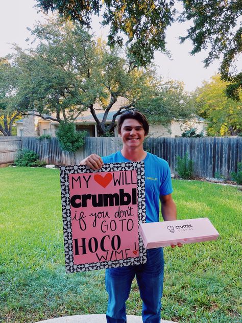 Hoco Sign Ideas To Ask A Guy, Homecoming Football Posters Proposal, Crumble Cookie Promposal Ideas, Crumbl Cookie Prom Proposal, Corny Hoco Signs, The Summer I Turned Pretty Hoco Proposal, Hcoc Proposals, Crumbl Homecoming Proposal, Crumbl Dance Proposal