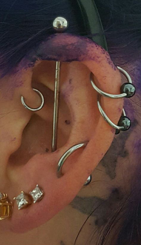 Disconnected Industrial Piercing, Cool Industrial Piercing Jewelry, Industrial Piercing Alternative, Floating Industrial Piercing, Vertical Industrial Piercing, Earring Aesthetic, Industrial Piercing Jewelry, Snug Piercing, New Piercing