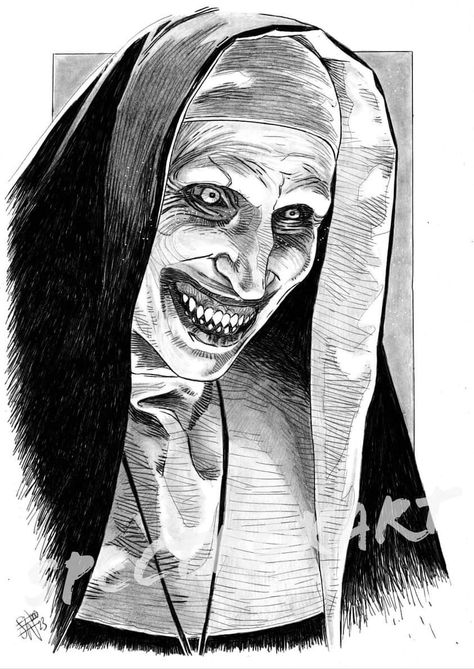 Horror Film Drawings, Valak Sketch, The Conjuring Drawings, The Nun Sketch, Horror Movie Drawings Pencil, The Nun Drawings, Valak Tattoo, Horror Drawings Pencil Sketch, Nun Sketch