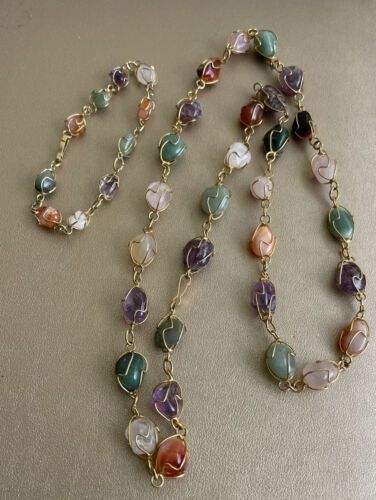 Vintage Polished Agate Caged Bead Necklace & Matching Bracelet | eBay Unique Crystal Necklace, Vintage Crystal Jewelry, Vintage Handmade Necklace, Mad Hatter Jewelry, Vintage Handmade Jewelry, Teardrop Bead Jewelry, Vintage Bead Necklace, Wire Beaded Necklace, Dream Jewelry Necklaces