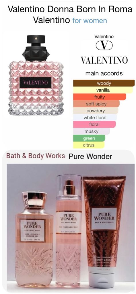 Pure Wonder Aesthetic, Perfume Layering With Bath And Body Works, Pure Wonder Perfume, Valentino Born In Roma Layering, Valentino Perfume Combo, Perfume Combos Bath And Body Works, Pure Wonder Bath And Body Works, Bath And Body Works Layering Combos, Bath And Body Works Combo