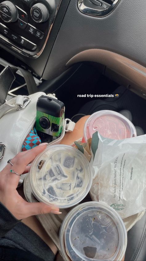 Snacks In Car Aesthetic, Food In The Car Aesthetic, Road Trip Stories Instagram, Work Trip Instagram Story, Instagram Story Ideas Roadtrip, Instagram Story Ideas Random, Road Trip Instagram Post Ideas, Trip Stories Instagram, Road Trip Fits Summer