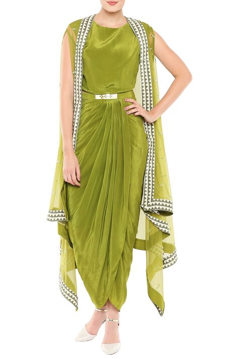 Featuring an olive green draped dress in crepe base with metal belt. It is paired with matching cape jacket in net base with hand embroidery.    FIT: Fitted at bust.  COMPOSITION: Crepe, Net.   CARE: Dry clean only. Asymmetrical Jacket, Embroidered Cape, Mehendi Outfits, Olive Green Dress, Olive Green Dresses, Cape Jacket, Indian Gowns Dresses, Designer Party Wear Dresses, Party Wear Indian Dresses