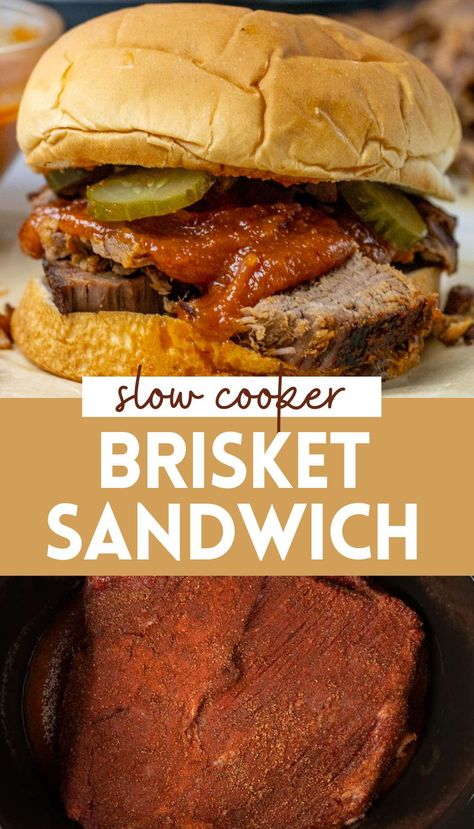 This BBQ Pulled Brisket is the ultimate comfort food made easy with your slow cooker/Crockpot! The beef cooks to tender, shreddable perfection while you go about your day. Then simply turn it into flavorful sandwiches slathered in bbq sauce the whole family will love. Brisket Sandwich Recipe, Hawaii Dinner, Slow Cooker Brisket Recipes, Slow Cooker Beef Brisket, Pulled Brisket, Beef Brisket Sandwich, Beef Sandwich Recipes, Slow Cooker Brisket, Bbq Brisket