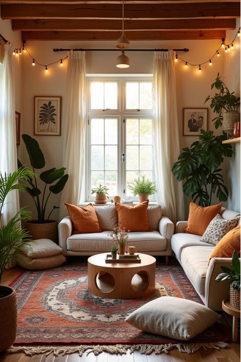 Bohemian living room with layered textiles and rattan accents Light Wood Living Room Ideas, Warm Minimalist Living Room, Warm Cozy Living Room, Small House Living Room, Living Room Necessities, Cozy Living Room Warm, Ideas For Small Homes, Warm Living Room, Small House Living