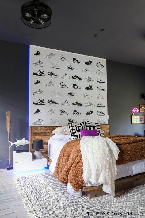 The Reveal of Our Second Teen Boy's Bedroom... Sneakers, LED Lights and Football! - Addison's Wonderland Sneaker Bedroom Ideas, Boys Bed Room Ideas, Led Lights Boys Bedroom, Small Teenage Boys Room, Boys Bed Room, Pre Teen Boys Room, Teen Boys Bedroom, Modern Teen Boy Bedroom, Boys Bed