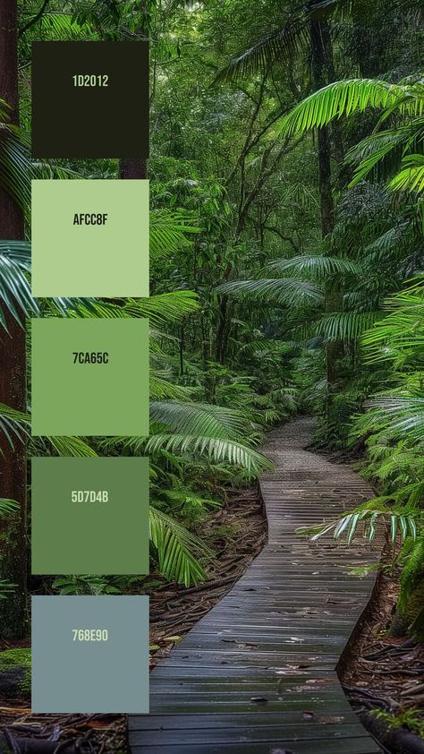 Colors: 1D2012 ° AFCC8F ° 7CA65C ° 5D7D4B ° 768E90 Green Living Room Decor, Calm Color Palette, Winding Path, Color Me Mine, Dense Forest, Forest Color, Forest Path, Tall Trees, Model Paint