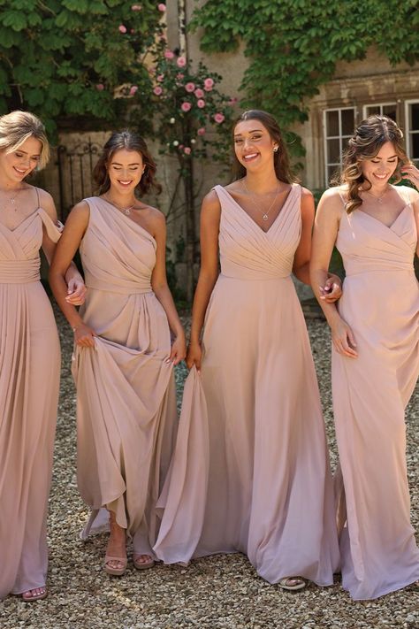 four girls wearing light pink bridesmaid dresses Pastel Gown, Blush Pink Bridesmaid Dresses, Bridesmaid Inspiration, Perfect Bridesmaid Dress, Mismatched Bridesmaid Dresses, Pink Bridesmaid Dresses, Affordable Wedding Dresses, Designer Outlet, Milton Keynes