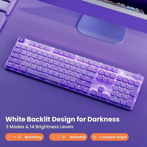 seenda Wireless Mechanical Purple Colorful Keyboard, Tactile Quiet Keyboard with Low Profile, Bluetooth/2.4G/Wired Connection, Rechargeable Backlit Keyboard, Programmable for Mac/iPad/Windows/Android Low Profile Keyboard, Purple Desk, Mac Ipad, Low Profile, Keyboard, Mac, Ipad, Purple