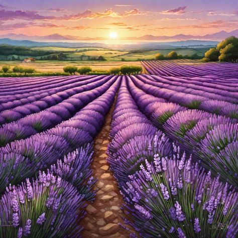 Sunset over lavender field panorama realistic by me 2 - Playground Paint Lavender, Lavender Garden, Lavender Field, Amazing Views, Lavender Fields, Landscape Nature, Nature Illustration, Pastel Art, Art Tutorial