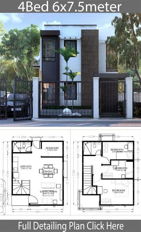 Small Home Design Plan 9.4x8.2m With 4 Bedrooms - Home Small Home Design, 2 Storey House Design, Small House Layout, Two Story House, Modern Small House Design, Small Modern Home, House Plan Gallery, House Construction Plan, House Layout Plans