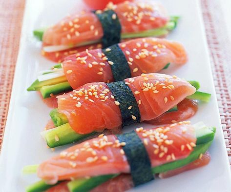 Wonderfully fresh and light, enjoy these beautiful salmon sashimi stacks as a light lunch, starter on canape. Meals Everyone Will Love, Loaded Potato Salad, Roasted Broccolini, Bean Chilli, Sushi Dishes, Salmon Sashimi, Aioli Recipe, Shrimp Tempura, Best Sushi