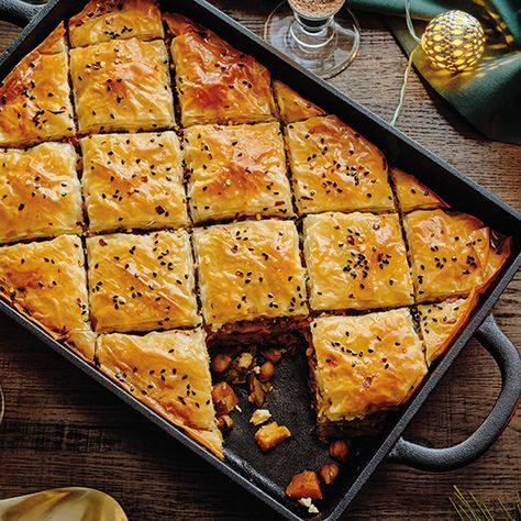 Savoury Baklava | BCLIQUOR Savoury Baklava, Harissa Paste, Recipe Email, Phyllo Dough, Roasted Squash, Golden Raisins, Canned Chickpeas, Baklava, Roasted Vegetables