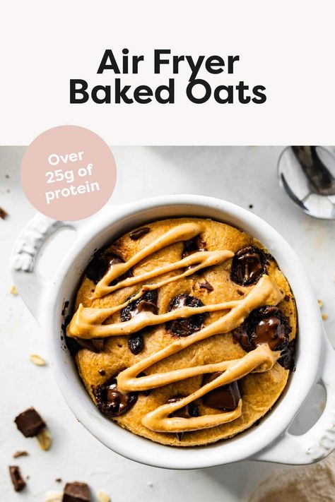 Make a single serving baked oatmeal in your air fryer with this simple air fryer baked oats recipe. It's packed with over 25 grams of protein and super easy to make. Just blend, air fry and enjoy! Air Fryer Baked Oats, Quick Oat Recipes, 25 Grams Of Protein, Baked Oats Recipe, Oats Recipes Breakfast, Baked Oatmeal Healthy, Dairy Free Cream Cheese, Protein Baking, Toasted Oats