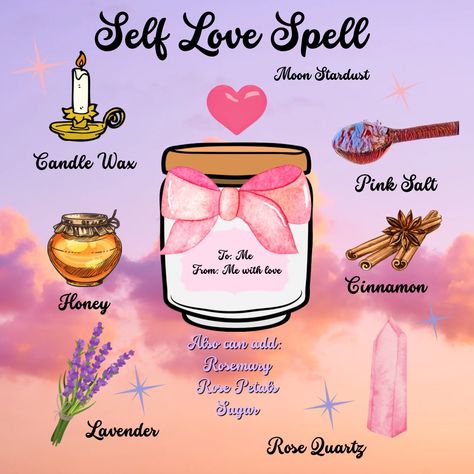 Love yourself self love spell witch witchcraft Wicca jar ingredients cinnamon pink salt honey candle wax lavender and pink quartz Crystal Self Love Jar Ingredients, Attracting Love Spell Jar, Crystals Self Love, Love Potion Ingredients, Self Esteem Spell, Simple Love Spell Jar, Romance Spell Jar, Love Magick Spells, Self Love Jar Spell