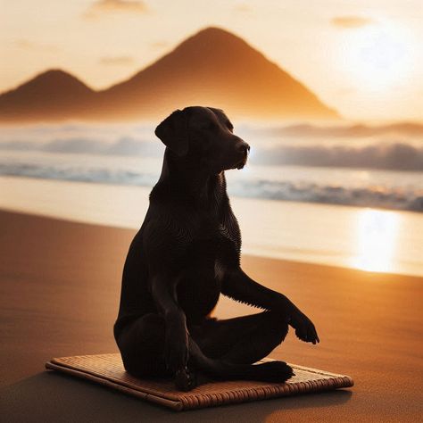 A black Labrador Retriever is sitting calmly in a cross-legged position, mimicking a meditative pose. The dog's eyes are gently closed, and its posture is relaxed, as if fully immersed in a peaceful state. Its ears hang loosely, and its paws rest naturally in front, giving the impression that it is practicing mindfulness. The setting is serene, perhaps in a quiet garden or a minimalist indoor space, with soft natural light emphasizing the dog's glossy black coat. The overall atmosphere evokes tranquility and the sense of the dog being in complete harmony. Meditative Pose, Relaxed Dog, Practicing Mindfulness, Cross Legged, Black Labrador Retriever, Valerian Root, Dog Eyes, Black Labrador, Happy Animals